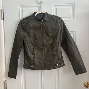 NWT Blue B Collection Olive Green Faux Leather Moto Jacket, Size Small